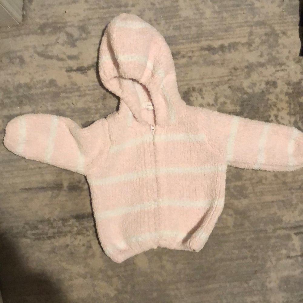 Super cozy Angel Dear pink w/white stripes zipper down, 6-12m
